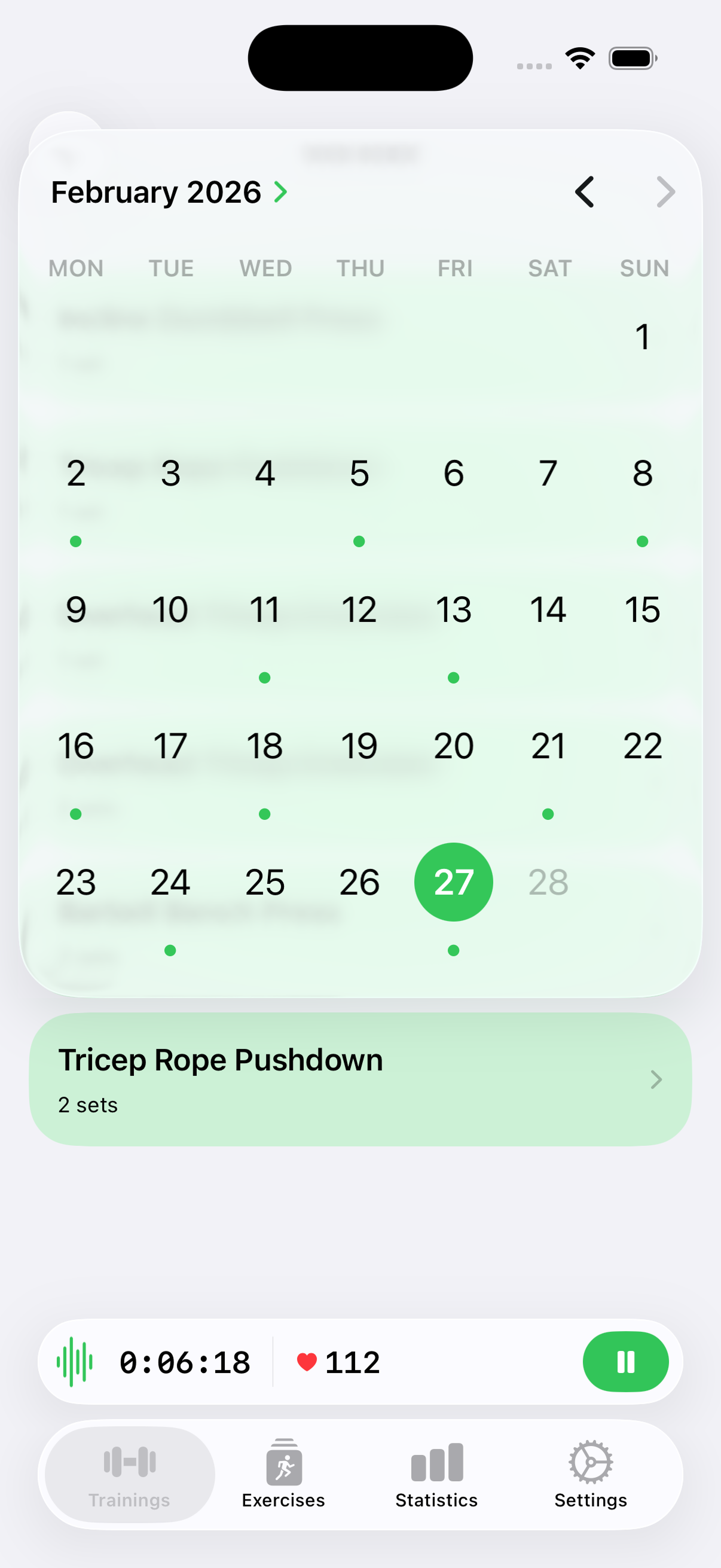 GymTrack app showing workout tracking on iPhone