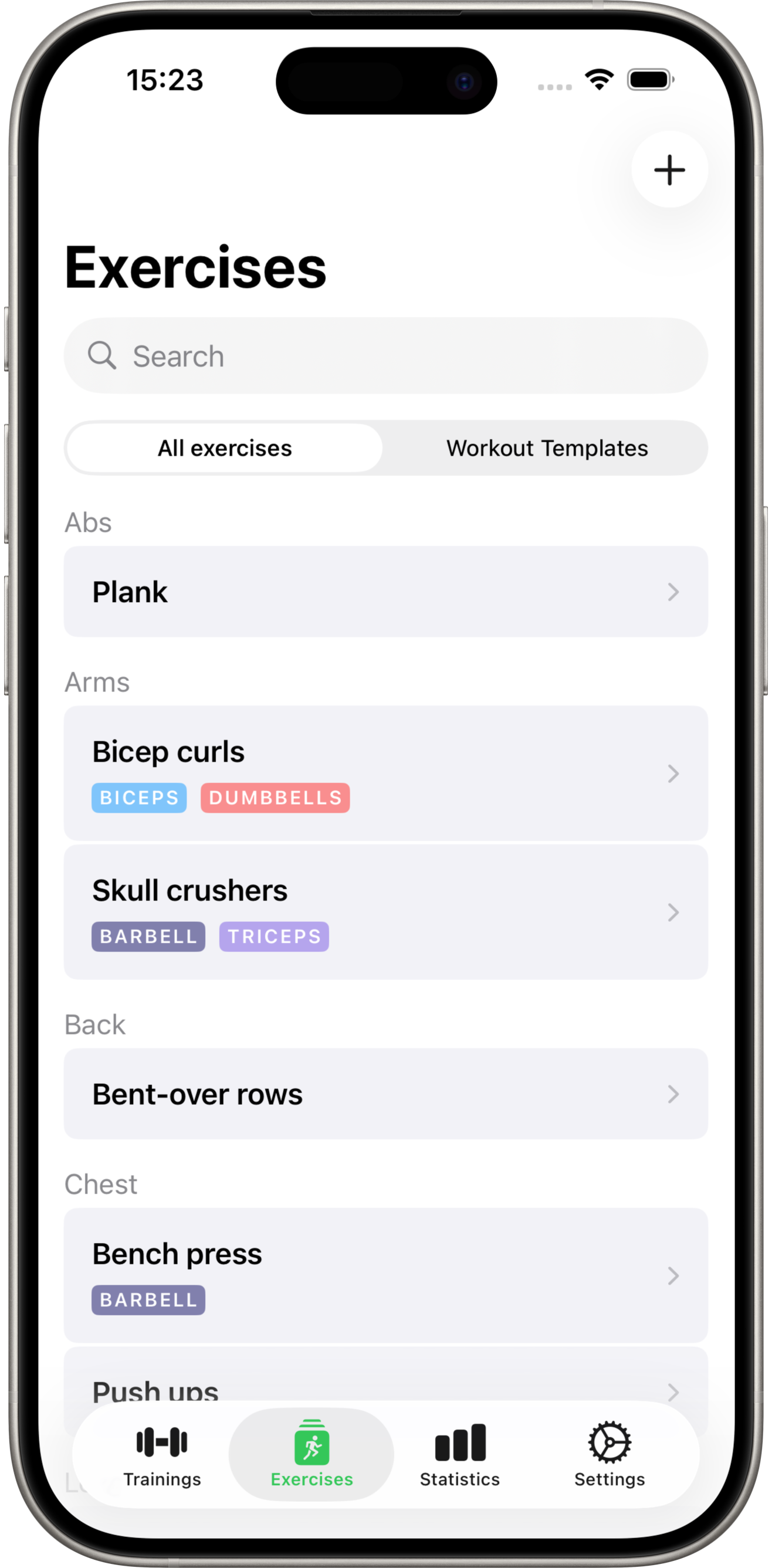 GymTrack exercise list screen