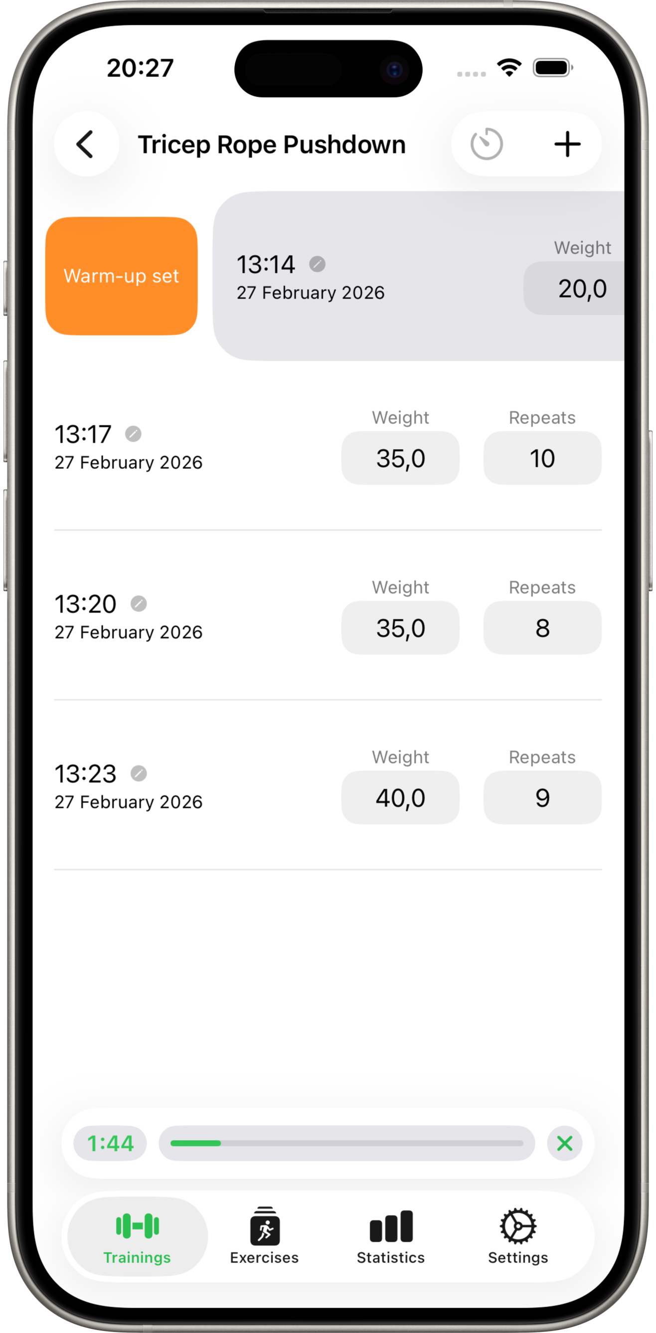 GymTrack active workout screen