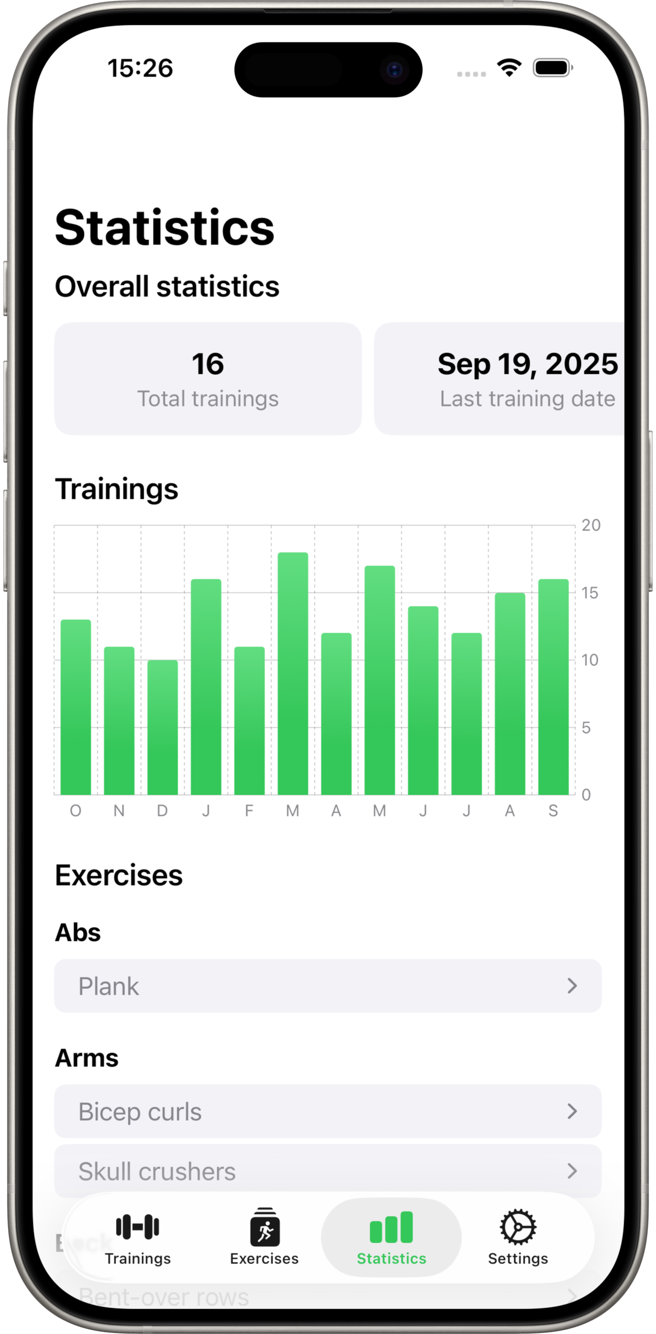 GymTrack statistics screen