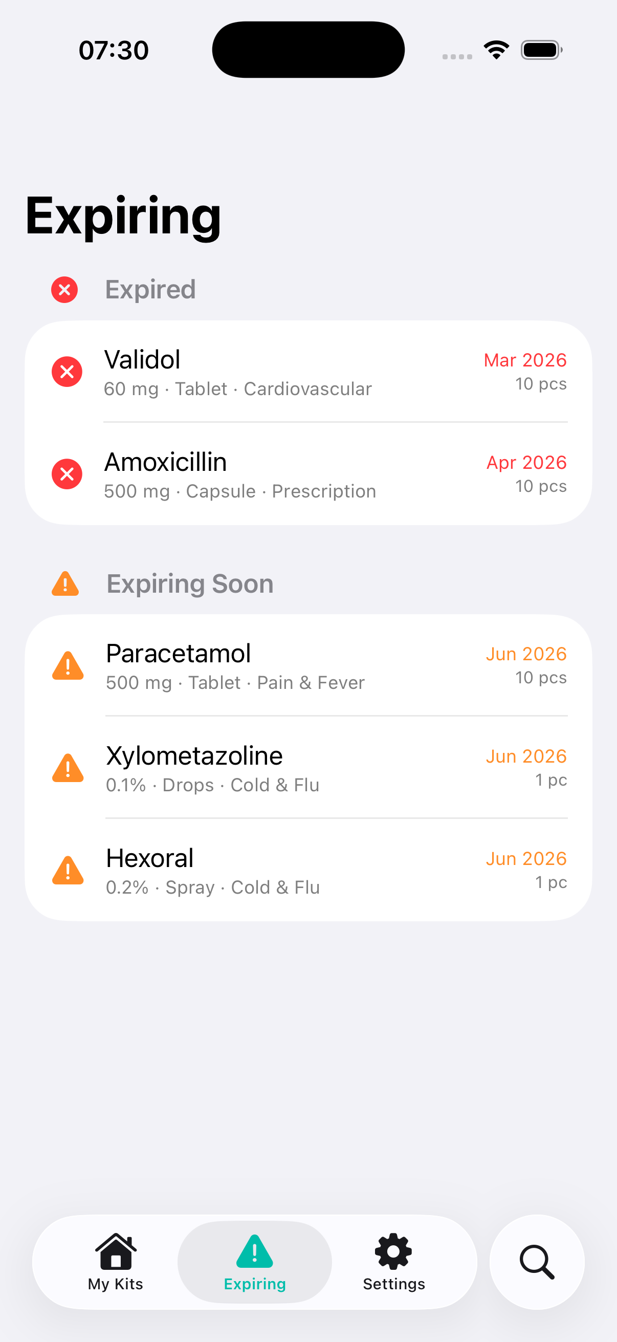 Expiring screen listing expired and expiring-soon medications