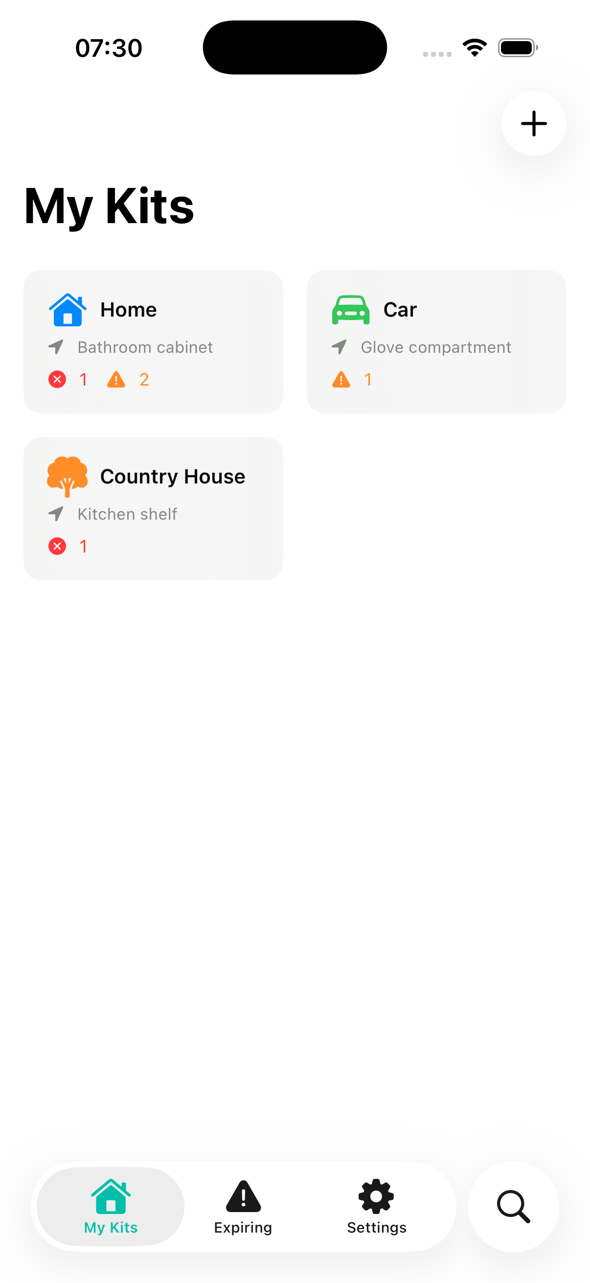 MedKit Tracker — My Kits screen showing Home, Car and Country House medicine kits