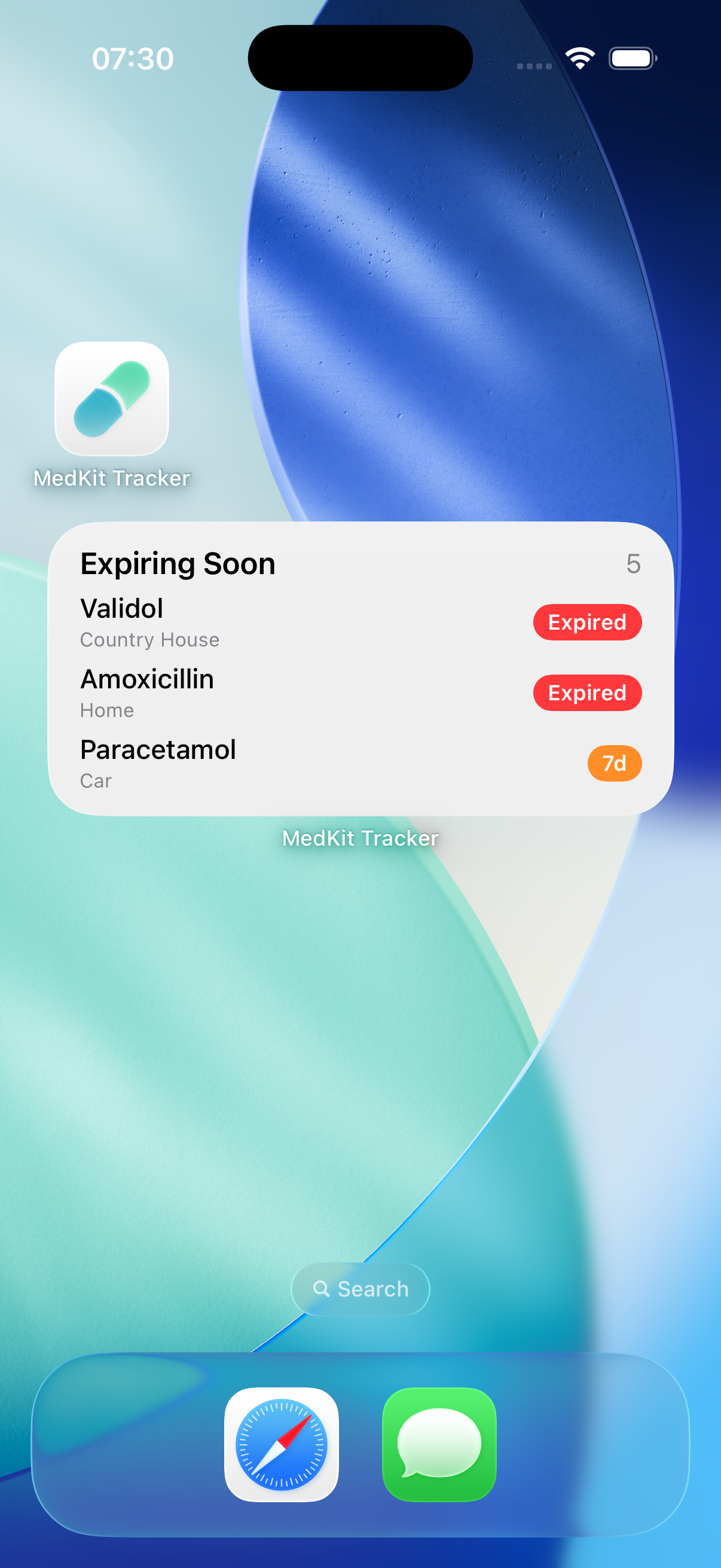 Home screen widget showing expiring soon medications